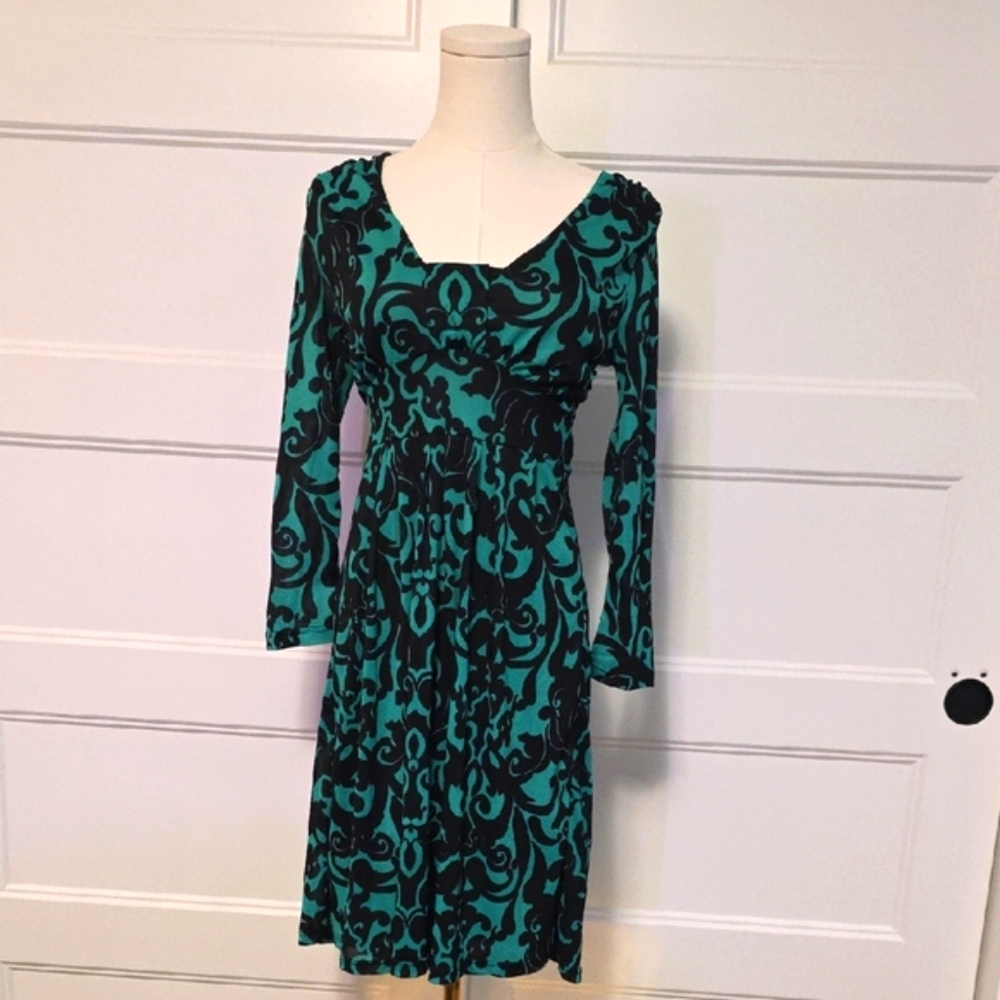 INC International Concepts Teal and Black Long Sleeve Dress